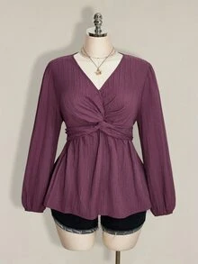 SHEIN ICON 女款大尺碼黑色扭轉胸前紋理燈籠袖上衣 - 紫色 - 查看 2