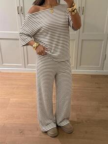 Siren Gaze Women's Striped Pattern One-Shoulder Top And Pants 2 Pieces Set - Multicolor - View 3