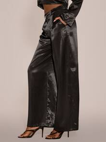 MUSERA Satin Style Tailored Low Rise Suit Style Trouser Sexy Evening Night Going Out Fall Winter Autumn Solitude - Black - View 3
