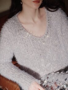 Anewsta كنزة نسائية بأكمام طويلة وياقة على شكل حرف V مزينة بالراينستون أنيقة وكاجوال - Iron Gray - مشاهدة 3