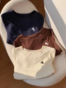 Comfortcana 3件組女款騎士刺繡圓領長袖休閒T恤 - 彩色 - 查看 7