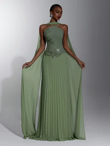 Elitara Elegant Army Green Knit Chiffon 2 In 1 Bandeau A-Line Pleated Dress With Flutter Sleeves For Women's Formal Evening Party - Army Green - View 6