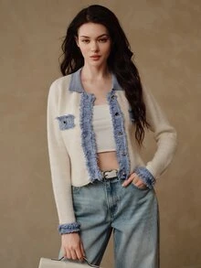 Anewsta Women's Autumn/Winter Knitted Cardigan With Denim Effect Lapel Patchwork Design, Commuter Sweater Jacket - White - View 6