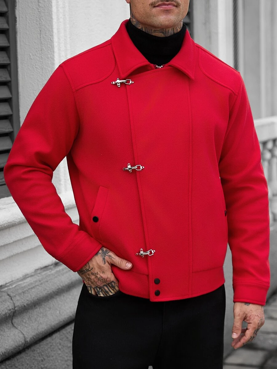 Manfinity Homme Men's Streetwear Airplane Buckle Button Overcoat - Red - View 1