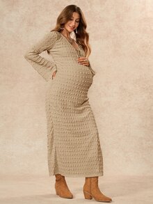 Boho Mama 孕婦純色前綁帶V領喇叭袖側開衩休閒洋裝 秋季 - 卡其色 - 查看 7