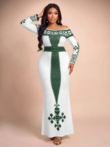 Brilight Geo Print Off Shoulder Long Sleeve Maxi Bodycon Dress Pattern Slim Mermaid Gown For Party Wed - White - View 8