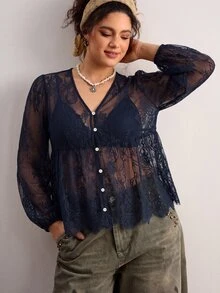 Freevana 女款蕾絲貝殼鈕扣透視襯衫 大尺碼 寬鬆 優雅休閒 日常外出通勤度假 春夏女裝大尺碼襯衫 - 寶藍色 - 查看 11