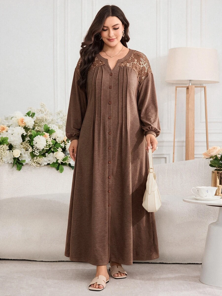Al Najma Gaun Arab Elegan Lengan Panjang Kancing Tunggal dengan Renda Kontras untuk Wanita Ukuran Plus - Coffee Brown - View 1