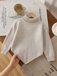 SHEIN طقم كنزة صوفية للفتيات الصغيرات موضة كاجوال بياقة عالية محبوكة - رمادي - مشاهدة 1