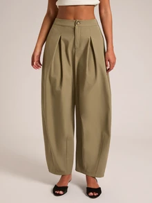 SHEIN BAE Women's Solid Color Versatile Casual Elastic Waist Curved Leg Tapered Long Pants - Army Green - View 4