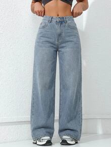 Jeanoix CURVE Plus Size Light Blue Distressed Denim Wide Leg Jeans, High Waist Slimming Lazy Relaxed American Street Style Extra Long Straight Leg Pants - Light Wash - View 3