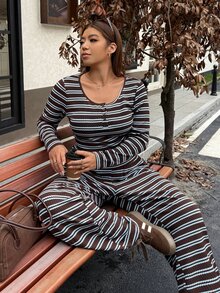 Muchica Plus Size Women's Button Design Striped Long Sleeve T-Shirt And Wide Leg Pants Casual 2 Pieces Set - Multicolor - View 3