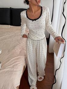 Napfluff Women's 2-Piece Pajama Set With Lace Trim, Bow Decor, Simple Heart Print - Beige - View 4