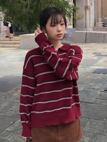 DAZY Women's Colorblock Striped Loose Fit Lapel Long Sleeve Casual Street Vacation Spring Autumn Winter Pullover Knit Sweater - Red - View 6