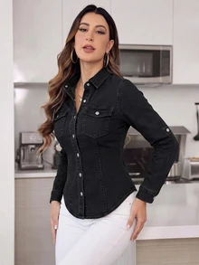 SHEIN Privé Women's Autumn/Winter Solid Color Minimalist Slim Fit Denim Shirt - Black - View 1