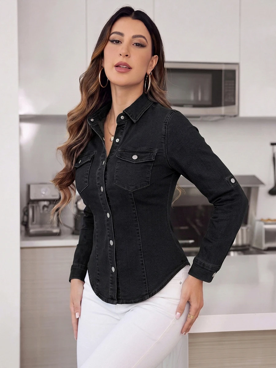 SHEIN Privé Women's Autumn/Winter Solid Color Minimalist Slim Fit Denim Shirt - Black - View 1