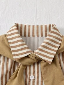 Baby Boy Gentleman Striped Pony Print Collared Preppy Shirt And Shawl 2 Pieces Set, Suitable For Winter - Khaki - View 6