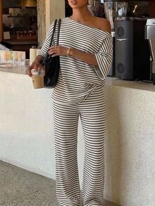 Siren Gaze Women's Striped Pattern One-Shoulder Top And Pants 2 Pieces Set - Multicolor - View 2