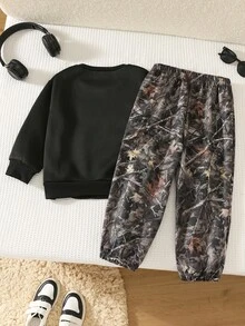 SHEIN 兒童 2件組小男孩 Y2K 休閒黑色長袖運動衫與長褲套裝，適合居家、日常穿著與外出，秋冬適用 - 彩色 - 查看 2