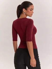 SHEIN BAE 女款柔軟舒適羊絨長袖上衣，適合日常穿著、返校、通勤與辦公 - 酒紅色 - 查看 2