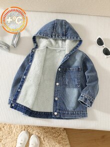SHEIN Young Boy Autumn/Winter New Casual Minimalist Fashion Washed Denim Woven Solid Color Hooded Jacket - Blue - View 3