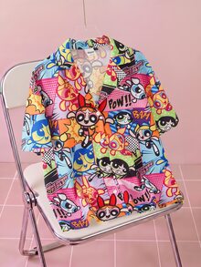 THE POWERPUFF GIRLS X SHEIN 女款短袖領口襯衫，卡通印花，波普藝術風格角色滿版印花 - 粉色 - 查看 1