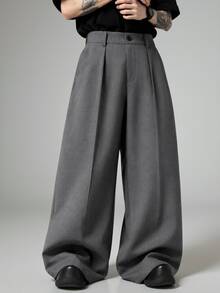 Manfinity Homme Plus Size Men's Solid Color Pleated Casual Everyday Long Pants - Dark Grey - View 3
