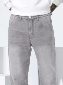 QuarKem Men's Washed Grey Semi-Elastic Waist Straight Leg Jeans - Grey - View 7