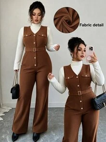 Elenzga Plus Size VNeck Corduroy Jumpsuit, Belt Waist Decorative Buttons Wide Flare Leg Jumpsuit - Brown - View 1