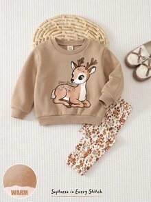 女嬰休閒極簡鬆款圓領衛衣與鬆緊腰長褲套裝，保暖內裡，適合秋冬 - 彩色 - 查看 6
