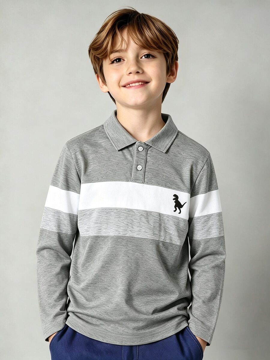 SHEIN Mirajuku 男童拼接長袖 Polo 衫,簡約時尚領口,白色 - 灰色 - 查看 1