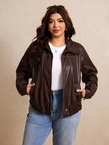 Elaquor 大尺碼女款純色PU皮革前拉鍊休閒棕色夾克，適合秋冬休閒日常、辦公商務、外出工作穿著 - 棕色 - 查看 5