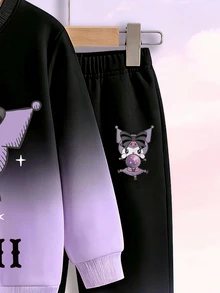 HELLO KITTY AND FRIENDS | SHEIN 女童圓領長袖套頭上衣搭配收口長褲套裝，適合日常、上學與外出穿著 - 紫色 - 查看 3