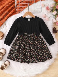 SHEIN 嬰兒與女嬰花卉黑色長袖洋裝 - 黑色 - 查看 1