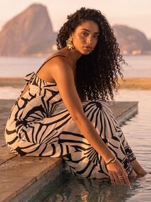 CAJUNI Long Cami Dress With Front Cutout, Elegant Summer Dress, Seashell Print Maxi Dress - Black and White - View 1