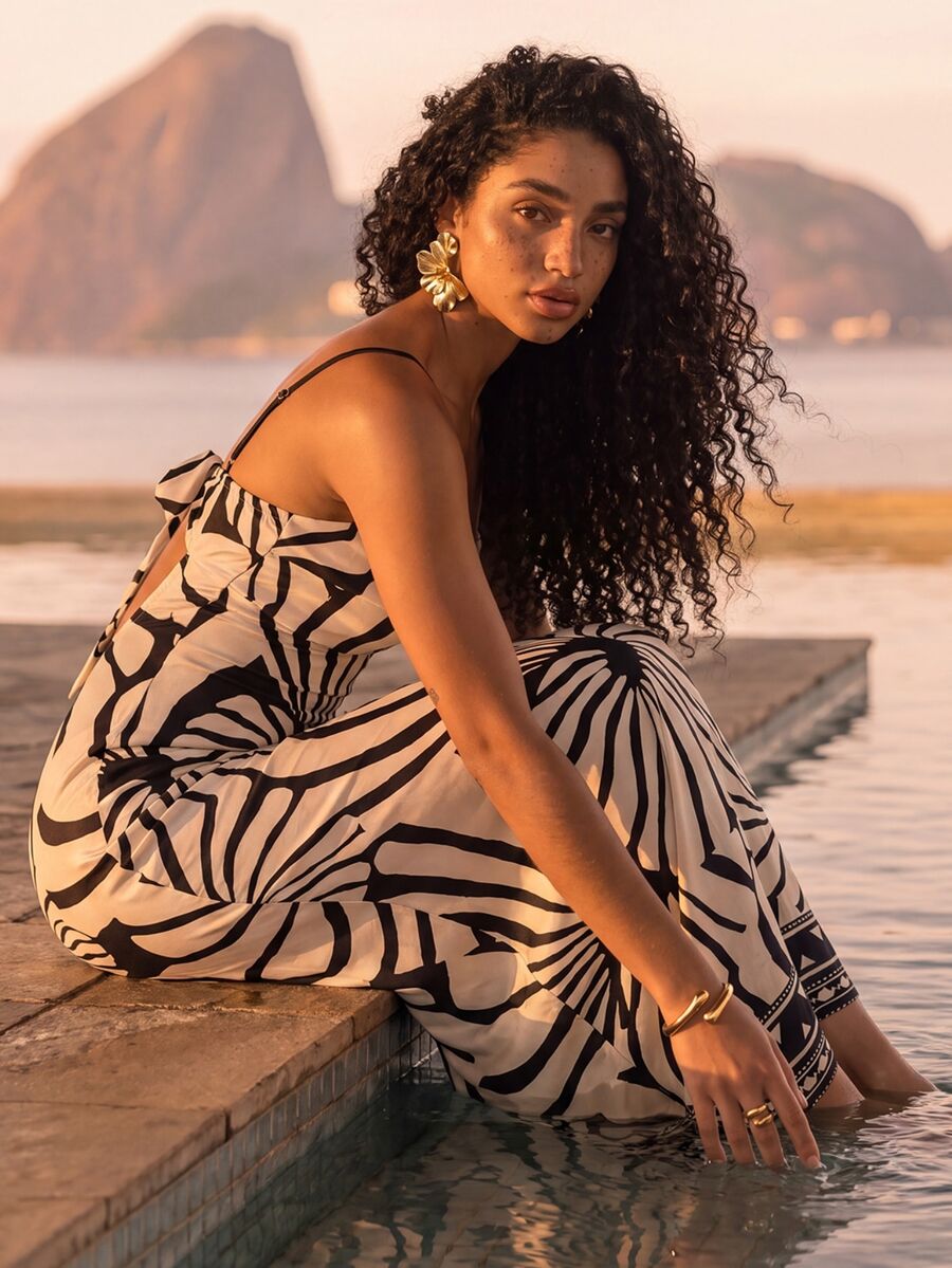 CAJUNI Long Cami Dress With Front Cutout, Elegant Summer Dress, Seashell Print Maxi Dress - Black and White - View 1