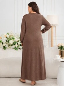 Al Najma Gaun Arab Elegan Lengan Panjang Kancing Tunggal dengan Renda Kontras untuk Wanita Ukuran Plus - Coffee Brown - View 2