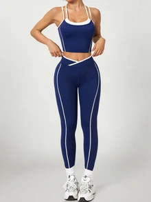 SHEIN Dewbera Women's Colorblock Patchwork Camisole & Leggings Slim Fit Sports Set - Navy Blue - View 3