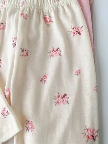 SHEIN Vintaside Kids 女嬰連身衣 2 件組 長袖花卉印花褲 日常穿著 卡其色與炭灰色 秋冬款 - 彩色 - 查看 4