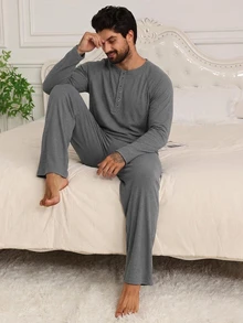 DAZY Men's Long Sleeve Crew Neck Half Button Placket Top And Pants Loungewear Set - Grey - View 3