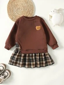 SHEIN 女童秋冬復古時尚百搭休閒日常熊貼布棕色洋裝，秋冬秋季服飾，聖誕節/萬聖節 - 棕色 - 查看 6