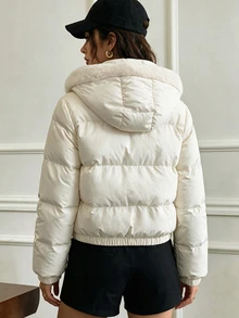 Selianne Women's Winter Single Piece Plush Hooded Diagonal Quilted Short Loose Casual Daily Commute Padded Coat With Elastic Cuffs - Apricot - View 2