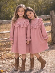 Emery Rose Kids Emery Rose Kids 女童編織素色花卉圖案荷葉邊休閒洋裝 - 藕粉色 - 查看 8