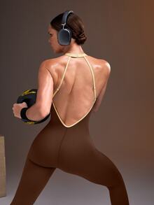 Powerista Women's Backless Halter Colorblock Fitted Sports Jumpsuit - Brown - View 7