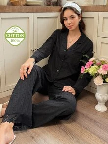 Snug Reverie Women's 100% Pure Cotton Black Open Front Pajama Set, Minimalist Fresh Lace Trim Loungewear Set - Black - View 8