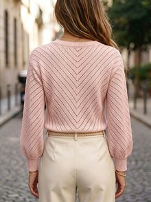 SHEIN 女款長袖休閒極簡風針織衫 - 粉色 - 查看 2