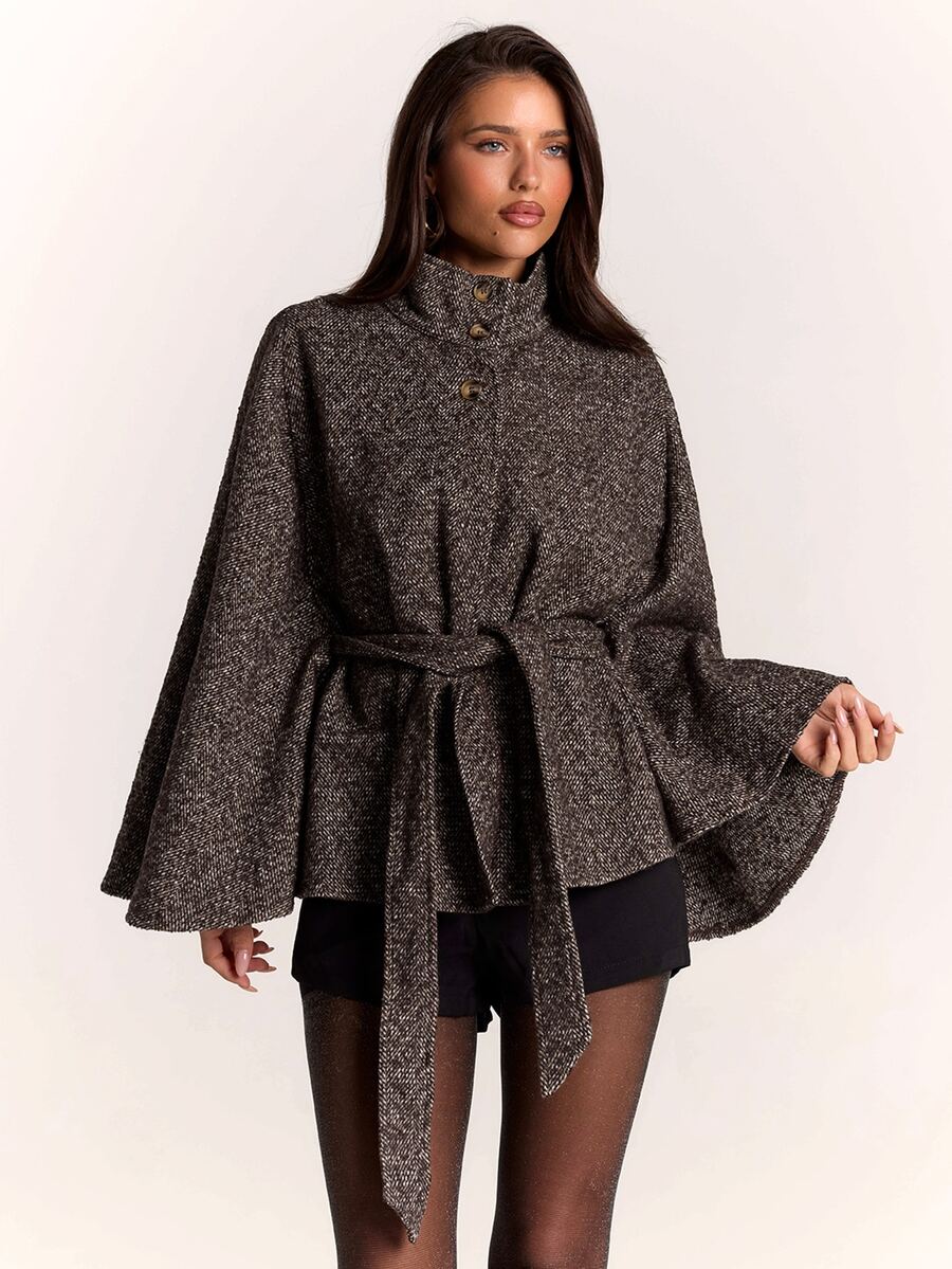 SHEIN BAE Women's Elegant Stand Collar Waist Knot Cape Overcoat - Coffee Brown - View 1