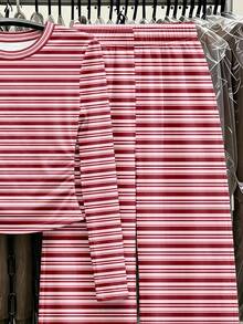 Tween Girls Stripe Long Sleeve Top & Wide Leg Pants Set, Pink & Burgundy (2 Pcs) Fall Winter - Multicolor - View 5