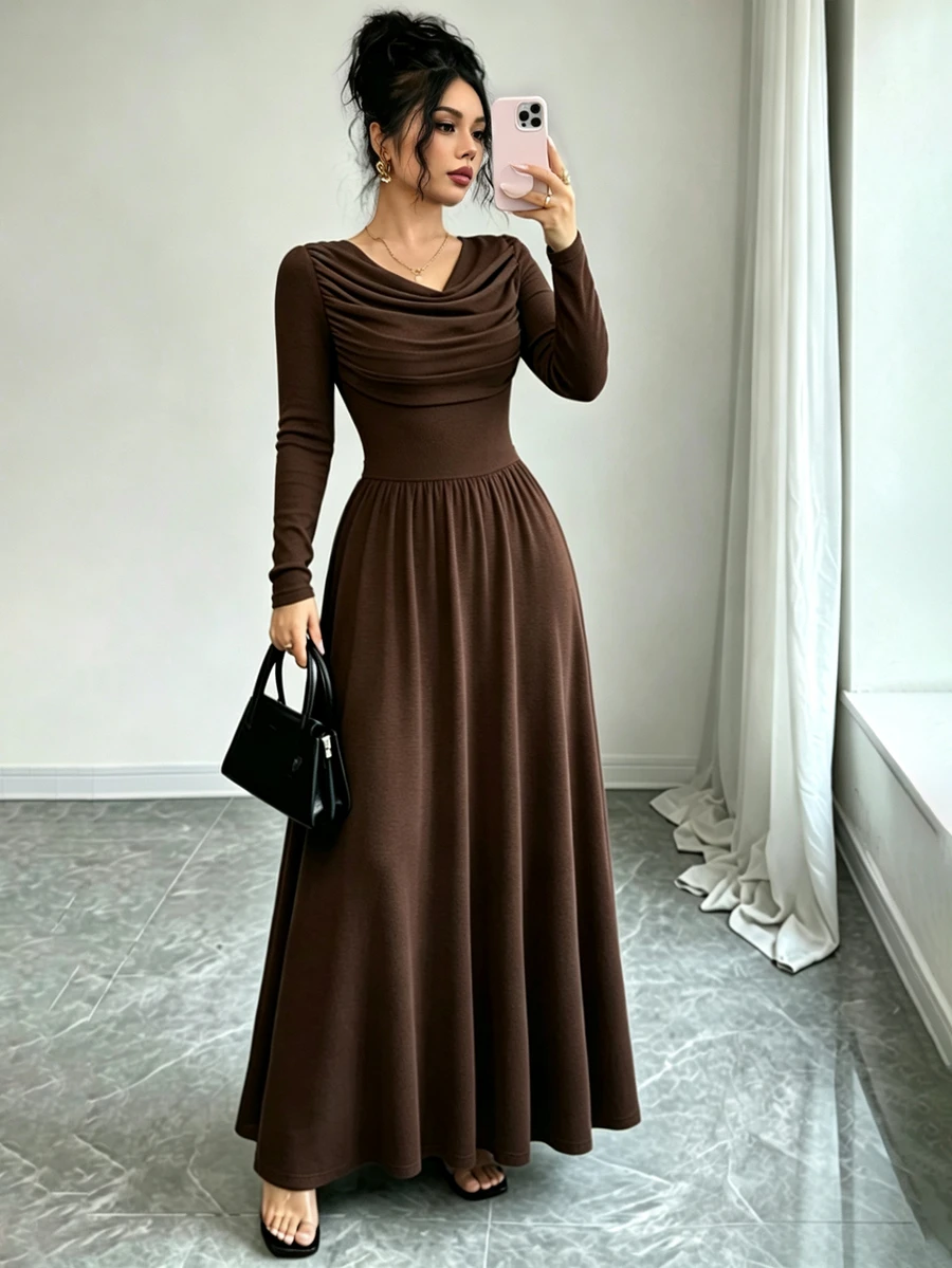 SHEIN Elenzya فستان ميدي ضيق بأكمام طويلة للنساء - بني - مشاهدة 1