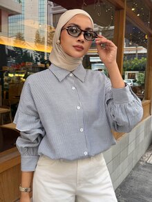 DAZY Autumn Women's Loose Short Button-Down Shirt With Collar, Blue And White Fine Stripes, Fresh Casual Commute Daily Wear - Baby Blue - View 1